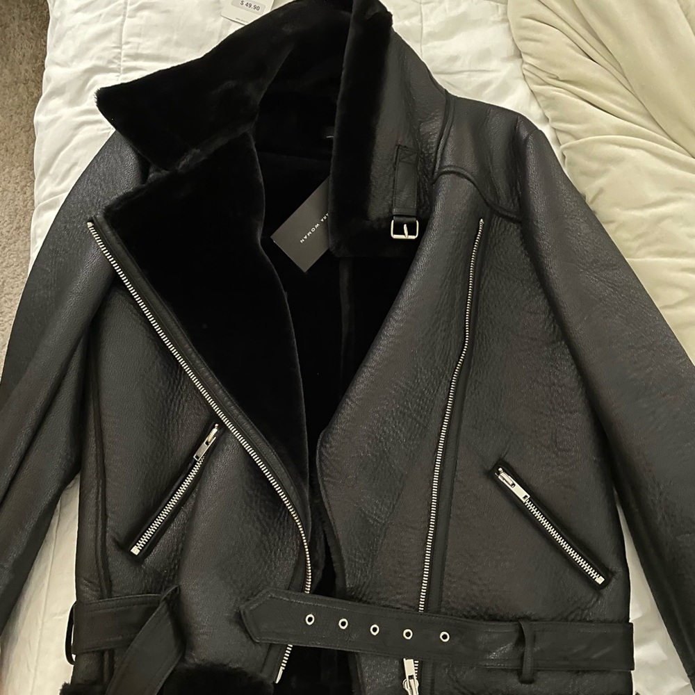 NEW ZARA BLACK FAUX LEATHER SHEARLING FUR DOUBLE FACED BIKER JACKET AVIATOR COAT